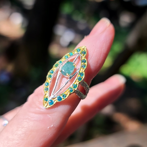 Emerald & Aquamarine Sterling & gold ring sz5 - Picture 3 of 7